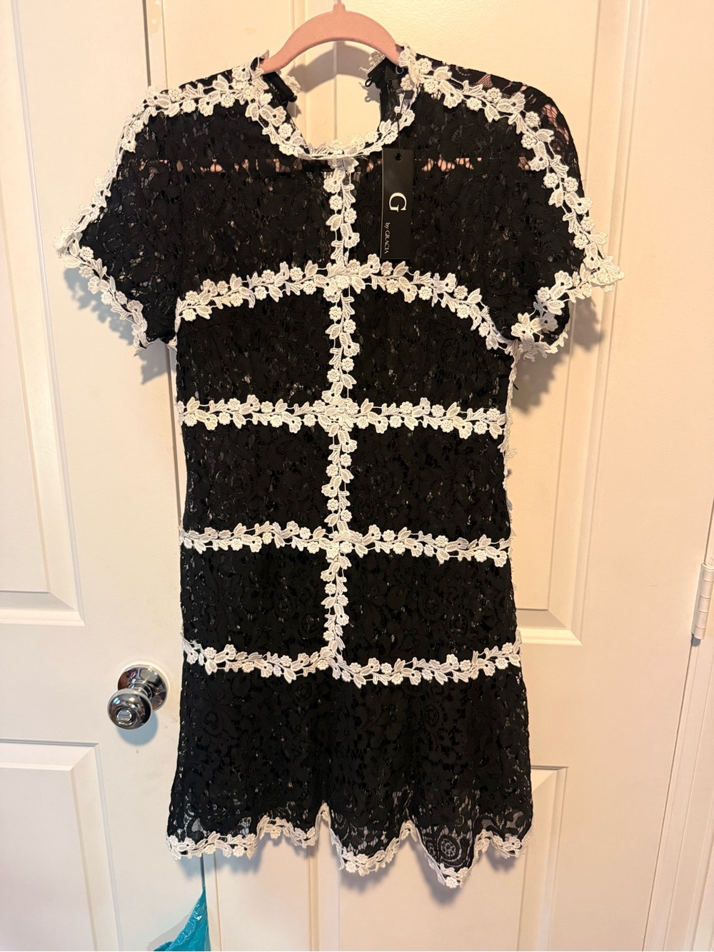 NWT Gracia Black Lace Mini Dress with White Floral Trim size m